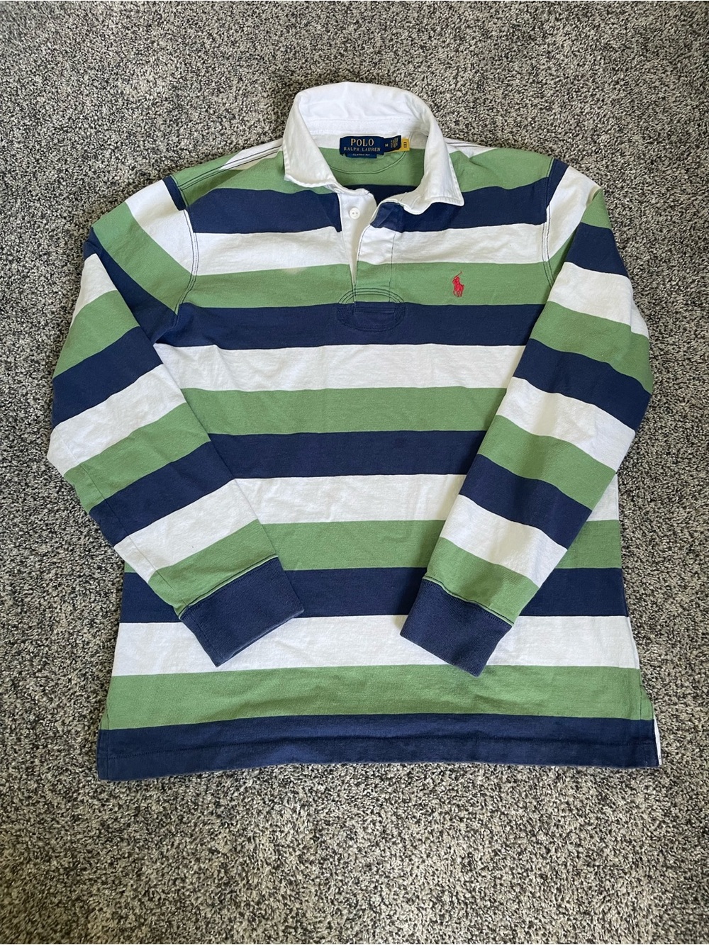 Ralph Lauren Green Navy White Striped Rugby Polo